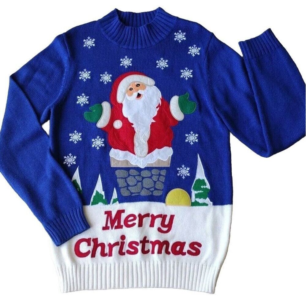 Skedouche Ugly Sweater Men L Rooftop Santa Party Colorful‎ Snowflakes Christmas